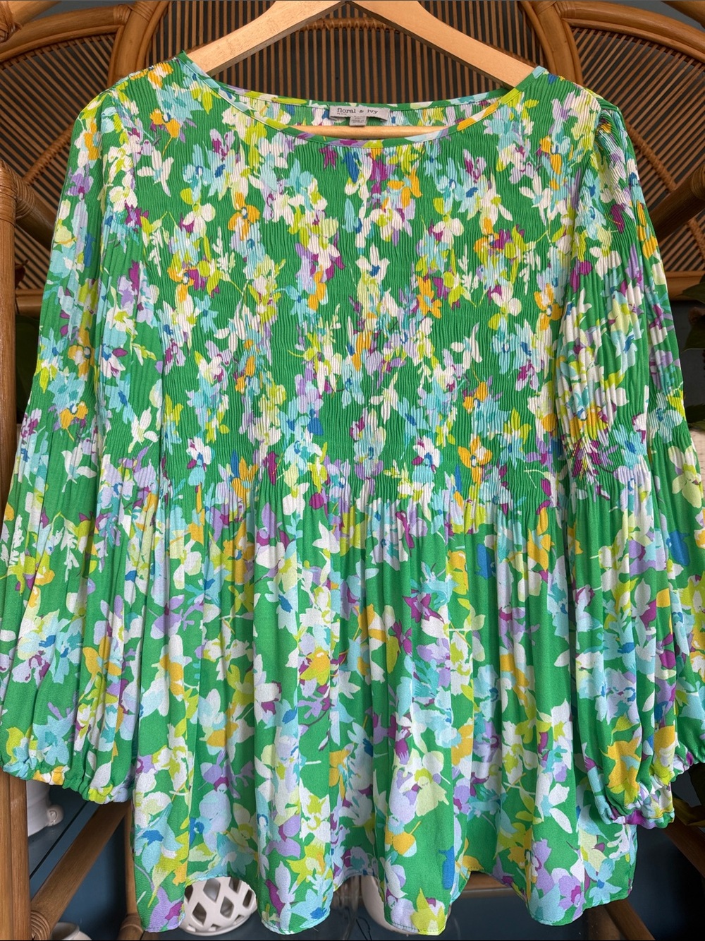 Floral & ivy Floral Pleated Green Swing Blouse - Women Tops